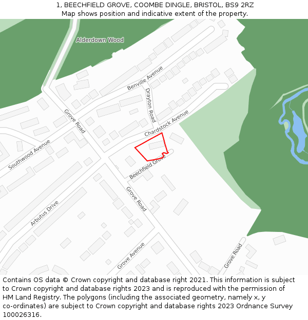 1, BEECHFIELD GROVE, COOMBE DINGLE, BRISTOL, BS9 2RZ: Location map and indicative extent of plot