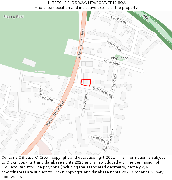1, BEECHFIELDS WAY, NEWPORT, TF10 8QA: Location map and indicative extent of plot