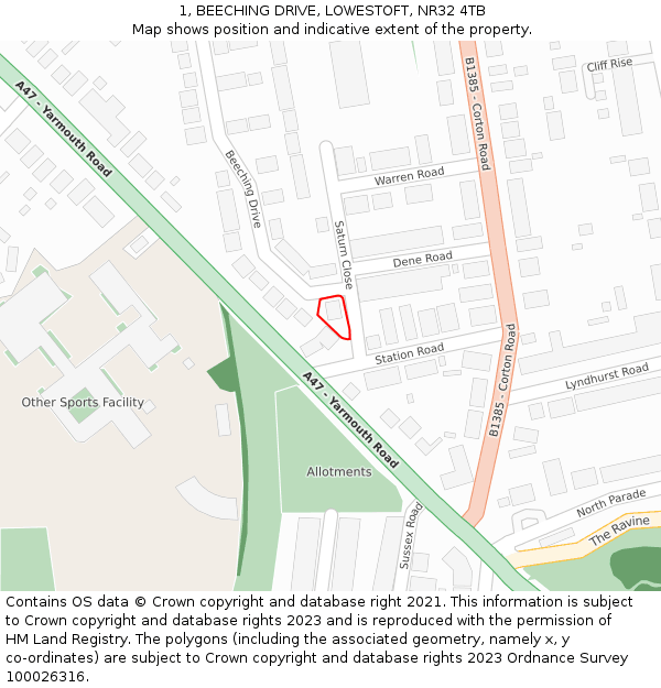 1, BEECHING DRIVE, LOWESTOFT, NR32 4TB: Location map and indicative extent of plot