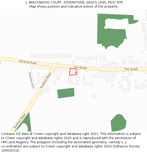 1, BEECHWOOD COURT, SYDERSTONE, KING'S LYNN, PE31 8TR: Location map and indicative extent of plot