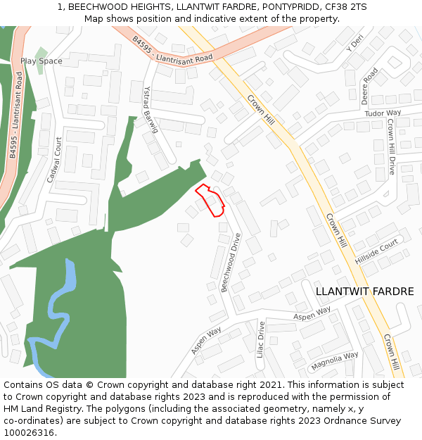 1, BEECHWOOD HEIGHTS, LLANTWIT FARDRE, PONTYPRIDD, CF38 2TS: Location map and indicative extent of plot