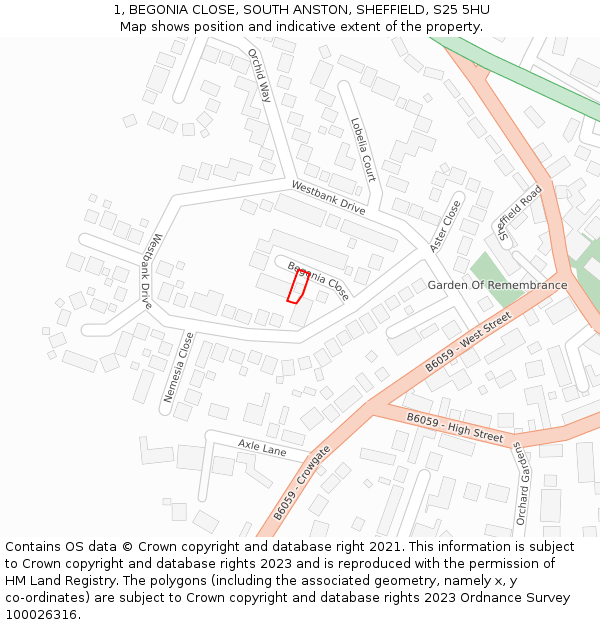 1, BEGONIA CLOSE, SOUTH ANSTON, SHEFFIELD, S25 5HU: Location map and indicative extent of plot