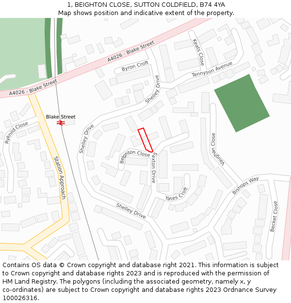 1, BEIGHTON CLOSE, SUTTON COLDFIELD, B74 4YA: Location map and indicative extent of plot