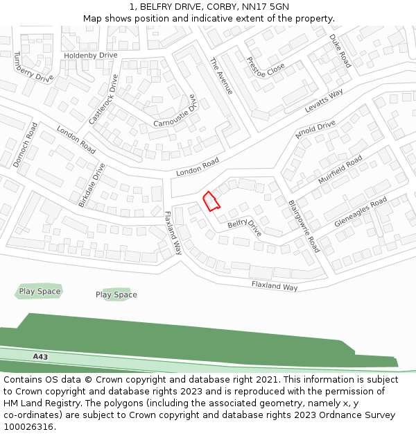 1, BELFRY DRIVE, CORBY, NN17 5GN: Location map and indicative extent of plot