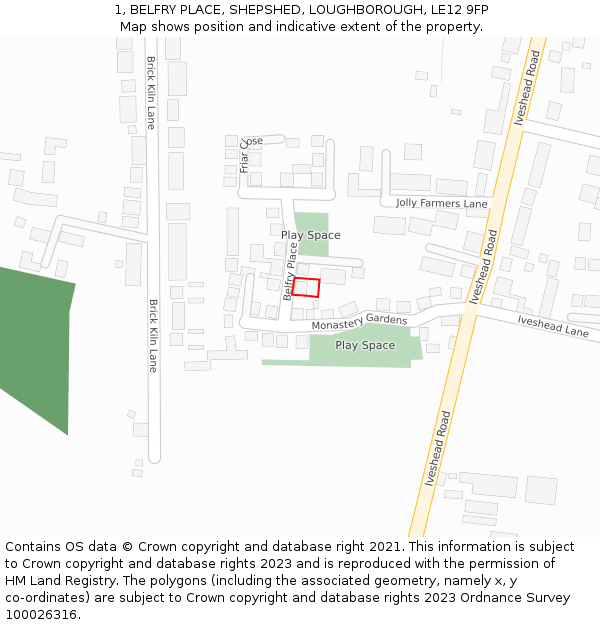 1, BELFRY PLACE, SHEPSHED, LOUGHBOROUGH, LE12 9FP: Location map and indicative extent of plot