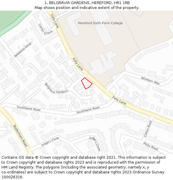 1, BELGRAVIA GARDENS, HEREFORD, HR1 1RB: Location map and indicative extent of plot