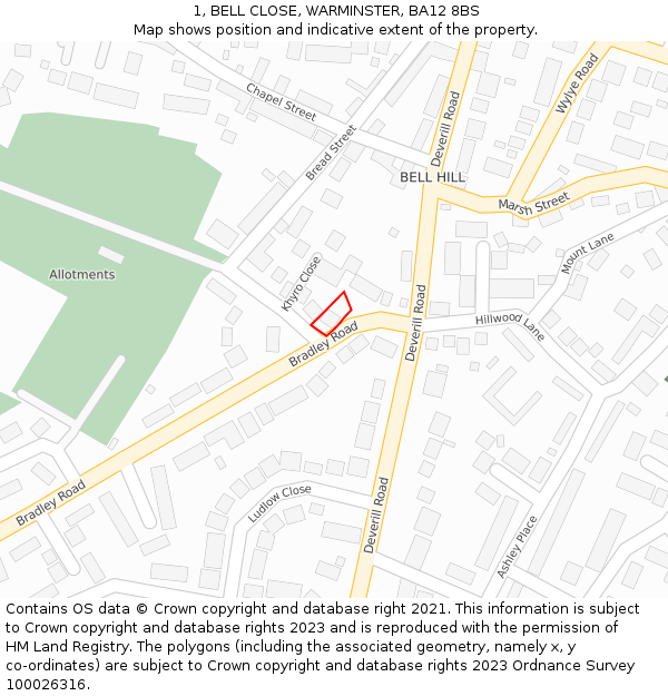 1, BELL CLOSE, WARMINSTER, BA12 8BS: Location map and indicative extent of plot