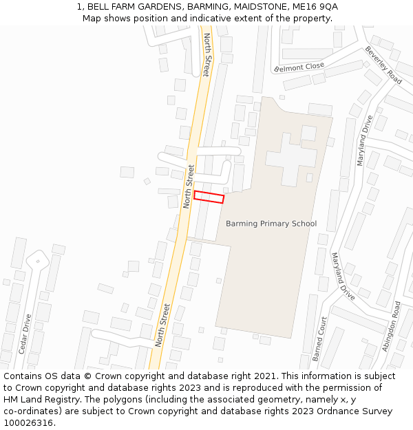 1, BELL FARM GARDENS, BARMING, MAIDSTONE, ME16 9QA: Location map and indicative extent of plot