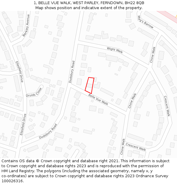 1, BELLE VUE WALK, WEST PARLEY, FERNDOWN, BH22 8QB: Location map and indicative extent of plot