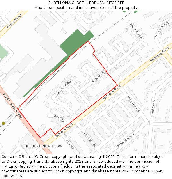 1, BELLONA CLOSE, HEBBURN, NE31 1FF: Location map and indicative extent of plot