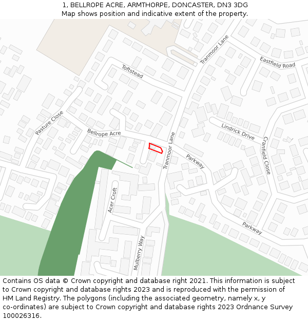 1, BELLROPE ACRE, ARMTHORPE, DONCASTER, DN3 3DG: Location map and indicative extent of plot