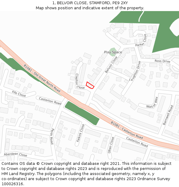 1, BELVOIR CLOSE, STAMFORD, PE9 2XY: Location map and indicative extent of plot
