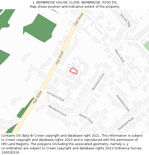 1, BEMBRIDGE HOUSE CLOSE, BEMBRIDGE, PO35 5YL: Location map and indicative extent of plot