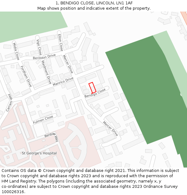 1, BENDIGO CLOSE, LINCOLN, LN1 1AF: Location map and indicative extent of plot