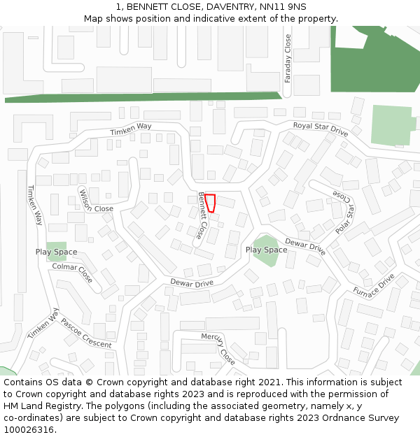 1, BENNETT CLOSE, DAVENTRY, NN11 9NS: Location map and indicative extent of plot
