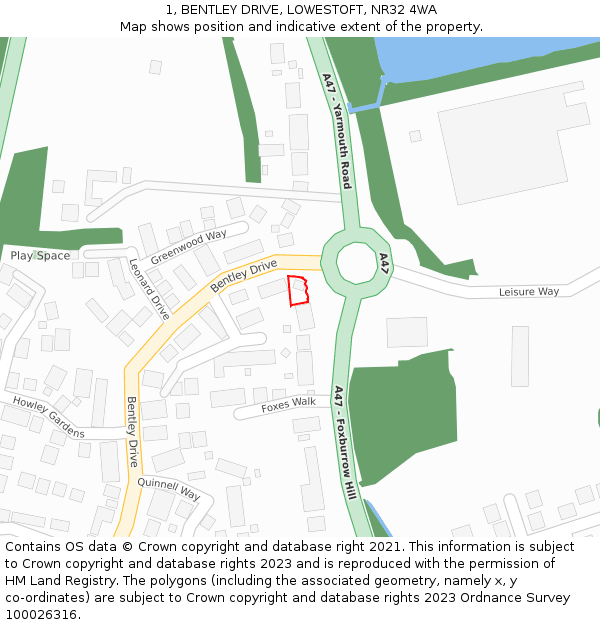 1, BENTLEY DRIVE, LOWESTOFT, NR32 4WA: Location map and indicative extent of plot