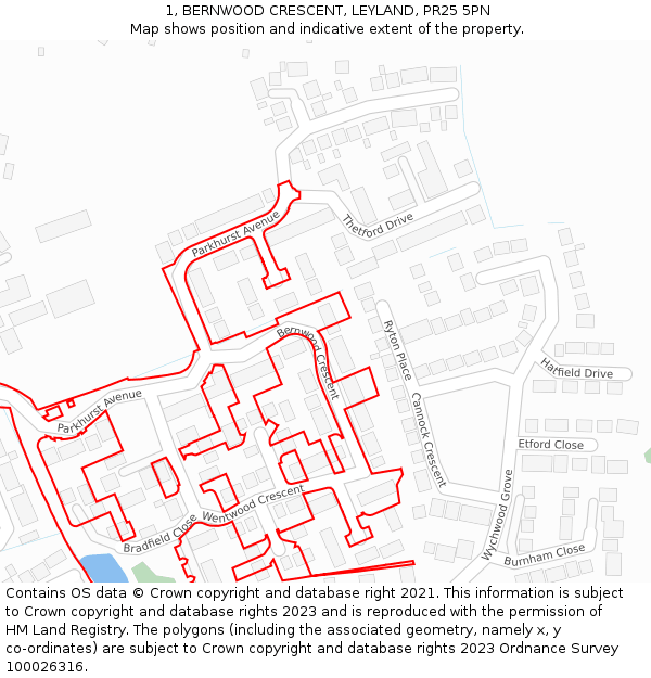1, BERNWOOD CRESCENT, LEYLAND, PR25 5PN: Location map and indicative extent of plot
