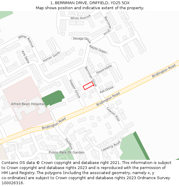 1, BERRIMAN DRIVE, DRIFFIELD, YO25 5DX: Location map and indicative extent of plot