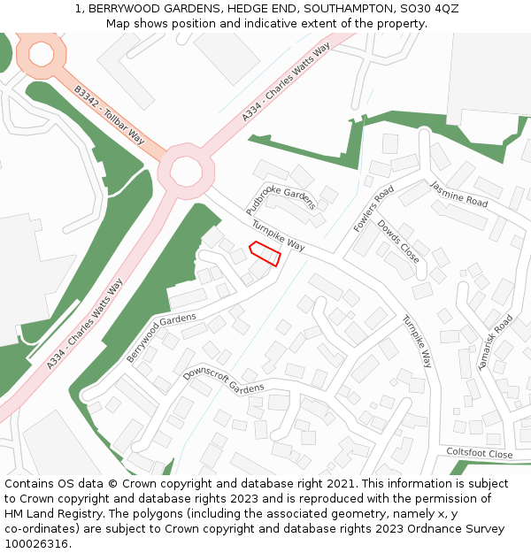 1, BERRYWOOD GARDENS, HEDGE END, SOUTHAMPTON, SO30 4QZ: Location map and indicative extent of plot