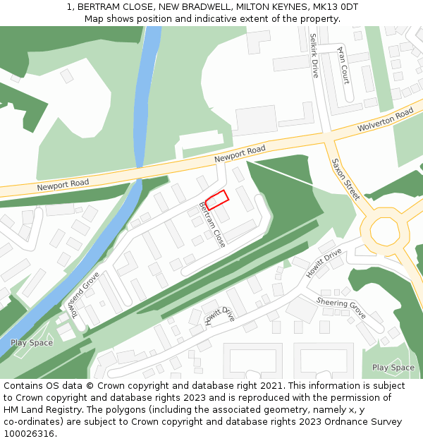 1, BERTRAM CLOSE, NEW BRADWELL, MILTON KEYNES, MK13 0DT: Location map and indicative extent of plot