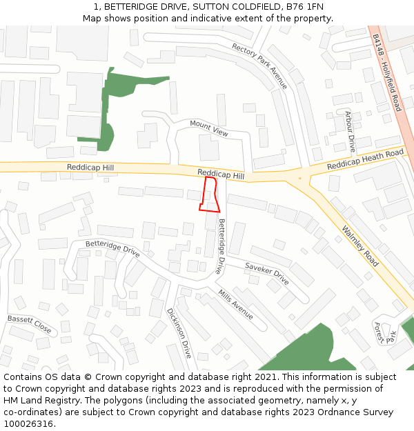 1, BETTERIDGE DRIVE, SUTTON COLDFIELD, B76 1FN: Location map and indicative extent of plot
