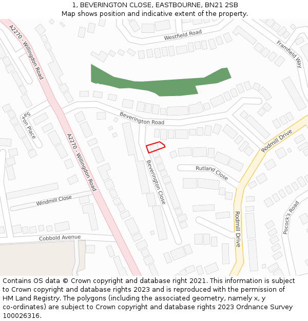 1, BEVERINGTON CLOSE, EASTBOURNE, BN21 2SB: Location map and indicative extent of plot
