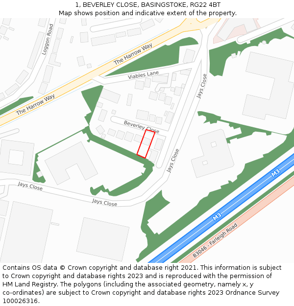 1, BEVERLEY CLOSE, BASINGSTOKE, RG22 4BT: Location map and indicative extent of plot
