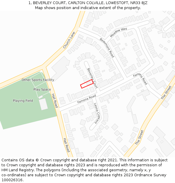 1, BEVERLEY COURT, CARLTON COLVILLE, LOWESTOFT, NR33 8JZ: Location map and indicative extent of plot
