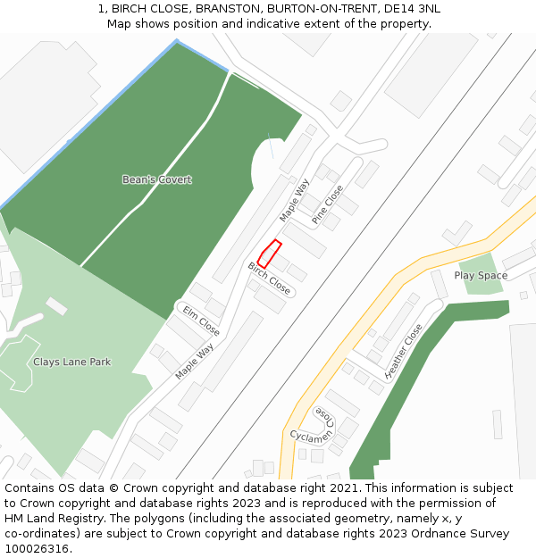 1, BIRCH CLOSE, BRANSTON, BURTON-ON-TRENT, DE14 3NL: Location map and indicative extent of plot