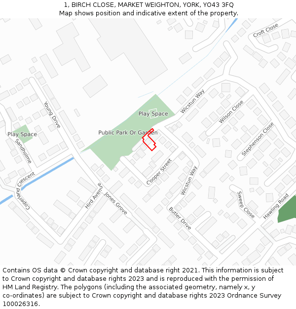 1, BIRCH CLOSE, MARKET WEIGHTON, YORK, YO43 3FQ: Location map and indicative extent of plot