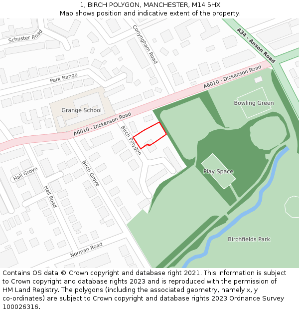 1, BIRCH POLYGON, MANCHESTER, M14 5HX: Location map and indicative extent of plot