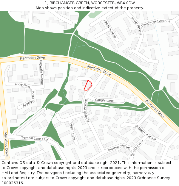 1, BIRCHANGER GREEN, WORCESTER, WR4 0DW: Location map and indicative extent of plot