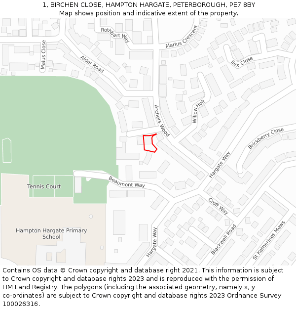 1, BIRCHEN CLOSE, HAMPTON HARGATE, PETERBOROUGH, PE7 8BY: Location map and indicative extent of plot