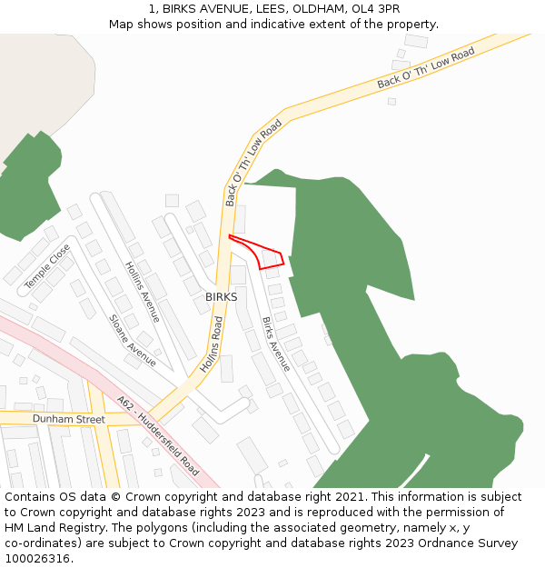 1, BIRKS AVENUE, LEES, OLDHAM, OL4 3PR: Location map and indicative extent of plot