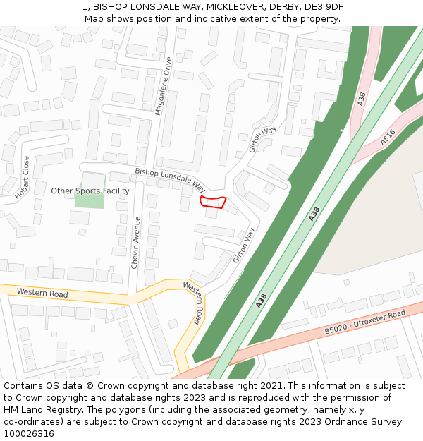 1, BISHOP LONSDALE WAY, MICKLEOVER, DERBY, DE3 9DF: Location map and indicative extent of plot