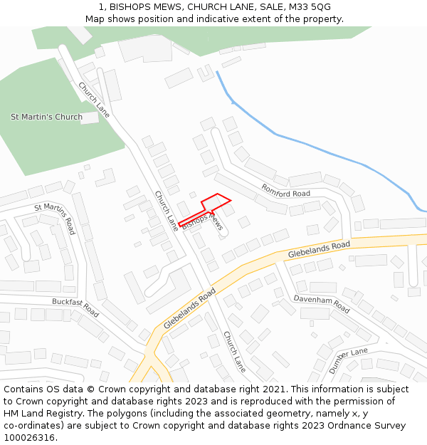 1, BISHOPS MEWS, CHURCH LANE, SALE, M33 5QG: Location map and indicative extent of plot