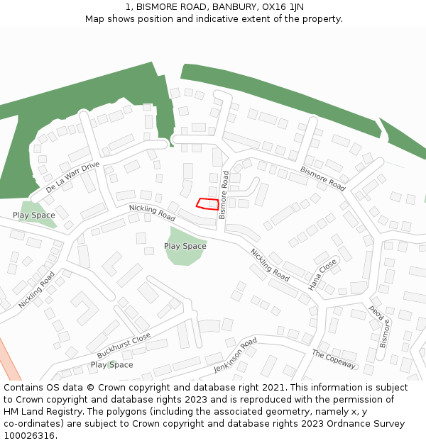 1, BISMORE ROAD, BANBURY, OX16 1JN: Location map and indicative extent of plot