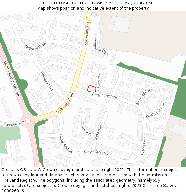 1, BITTERN CLOSE, COLLEGE TOWN, SANDHURST, GU47 0XP: Location map and indicative extent of plot