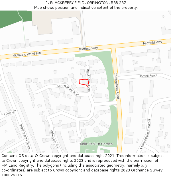1, BLACKBERRY FIELD, ORPINGTON, BR5 2RZ: Location map and indicative extent of plot