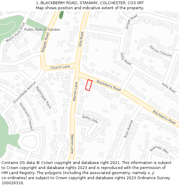1, BLACKBERRY ROAD, STANWAY, COLCHESTER, CO3 0RT: Location map and indicative extent of plot