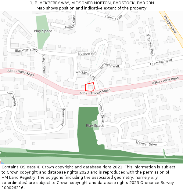 1, BLACKBERRY WAY, MIDSOMER NORTON, RADSTOCK, BA3 2RN: Location map and indicative extent of plot
