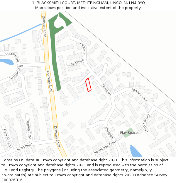 1, BLACKSMITH COURT, METHERINGHAM, LINCOLN, LN4 3YQ: Location map and indicative extent of plot