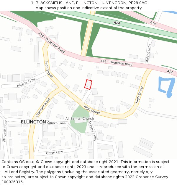 1, BLACKSMITHS LANE, ELLINGTON, HUNTINGDON, PE28 0AG: Location map and indicative extent of plot