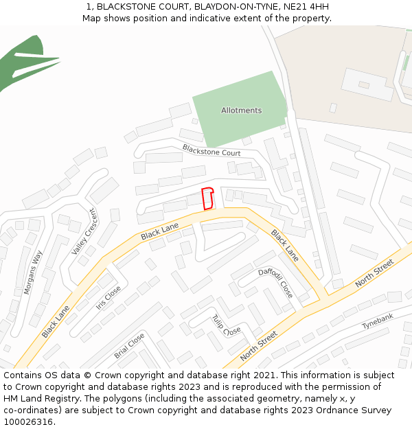 1, BLACKSTONE COURT, BLAYDON-ON-TYNE, NE21 4HH: Location map and indicative extent of plot