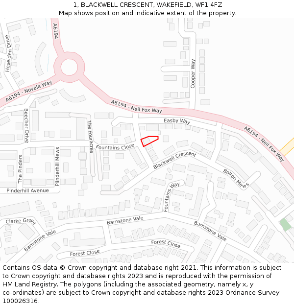1, BLACKWELL CRESCENT, WAKEFIELD, WF1 4FZ: Location map and indicative extent of plot