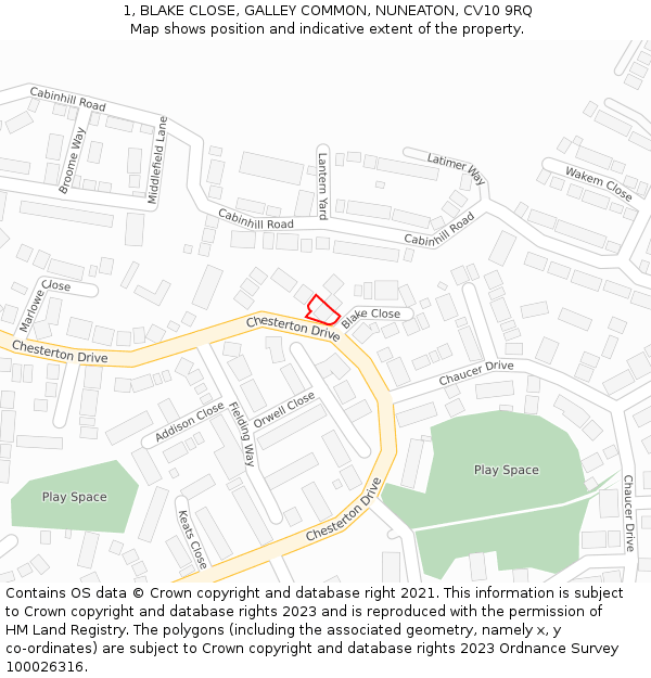1, BLAKE CLOSE, GALLEY COMMON, NUNEATON, CV10 9RQ: Location map and indicative extent of plot