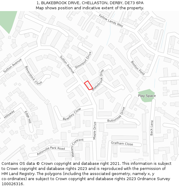 1, BLAKEBROOK DRIVE, CHELLASTON, DERBY, DE73 6PA: Location map and indicative extent of plot