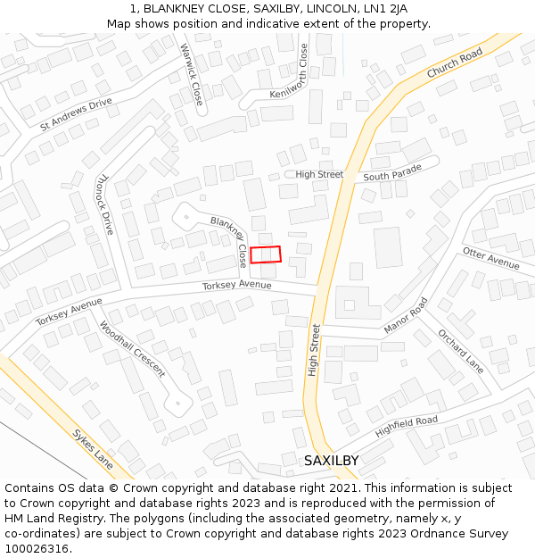 1, BLANKNEY CLOSE, SAXILBY, LINCOLN, LN1 2JA: Location map and indicative extent of plot