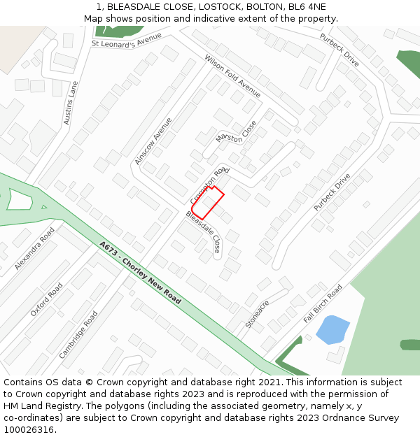 1, BLEASDALE CLOSE, LOSTOCK, BOLTON, BL6 4NE: Location map and indicative extent of plot