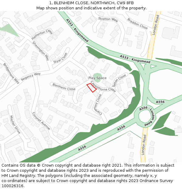 1, BLENHEIM CLOSE, NORTHWICH, CW9 8FB: Location map and indicative extent of plot